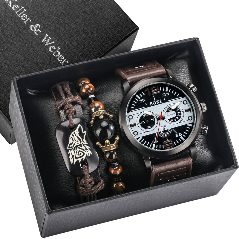3 pçs relógio masculino conjunto de presente relógio de negócios quartzo esporte steampunk relógio de pulso pulseira de couro conjunto relogio masculino