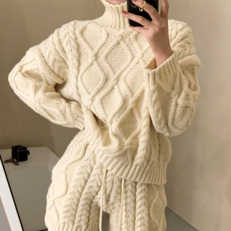 Pakaian Elegan Musim Gugur Musim Dingin Wanita Sweater Pullover Turtleneck + Celana Pendek Pinggang Elastis Setelan Rajutan Fashion Wanita 2 Potong