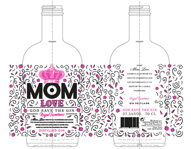 Mom Love - Gin Premium – boîte de 6 bouteilles de 700 ml, faite avec des fraises et des ingrédients botaniques exotiques
