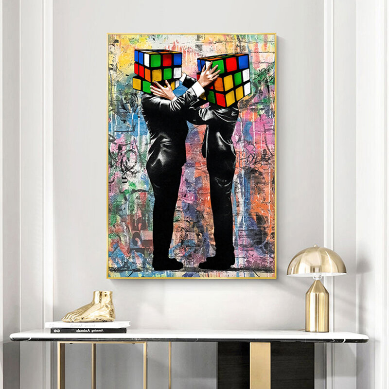 Grafiti Modern Abstrak Kepala Kubus Rubik Lukisan Kanvas dan Poster Cetakan Gambar Seni Dinding untuk Ruang Tamu Dekorasi Rumah