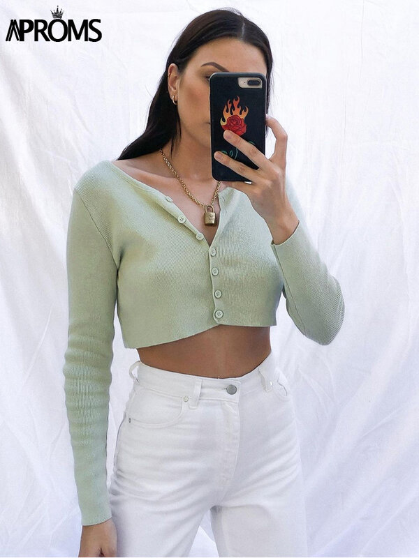 Aproms Candy Color Ribbed Knitted Cardigan Women Autumn Spring Long Sleeve Basic Cropped Sweaters Female Casual Short Jumper Top