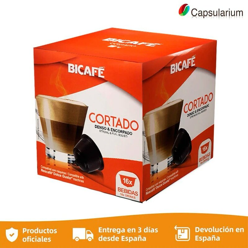 Café CORTADO Bicafé. Caja de 16 cápsulas de café molido compatibles con cafetera Nespresso Dolce Gusto - Capsularium