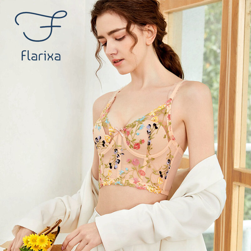 Flarixa 2022 French Floral Embroidery Lingerie Top Sexy Lace Bra invisible Push Up Bra For Women's Tube Top Transparent Bralette