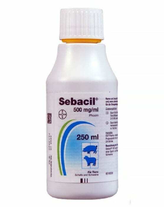 Bayer Sebacil®Contient 250 mg de Foxime, Scabies, Sarcoptes, Psoroptes, Chorioptes, acariens, tiques, poux, mouches, % 50 500 ml