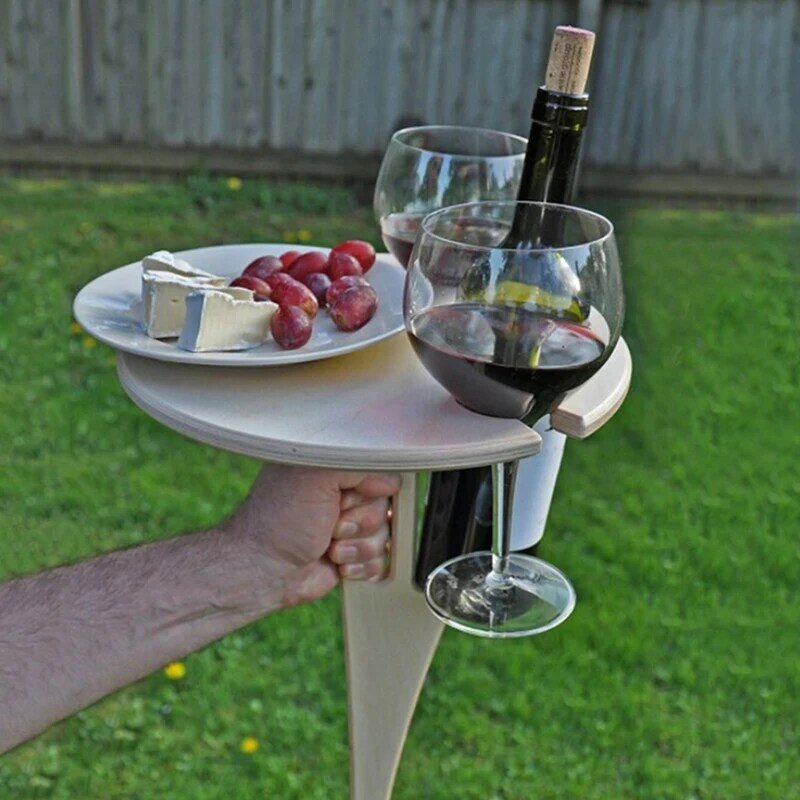 Mesa de vino al aire libre con escritorio redondo plegable, Mini Mesa de madera para pícnic, fácil de llevar, estante de soporte para vino, envío directo