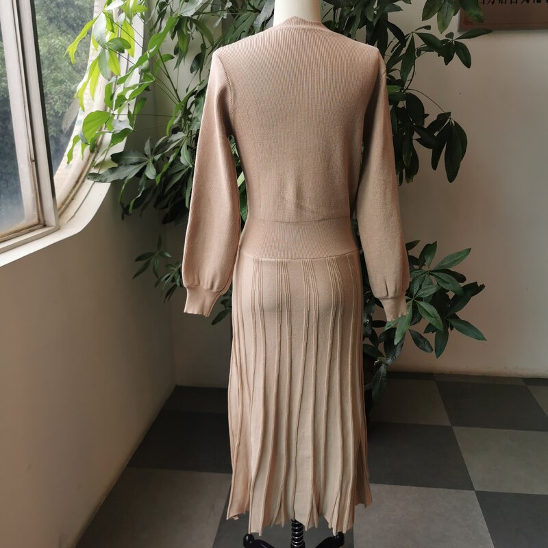 Korean Fashion 2021 Herbst Temperament Hohe Taille Einfarbig Einfachheit Kleid V-ausschnitt Langarm Elegante frauen Stricken Kleid