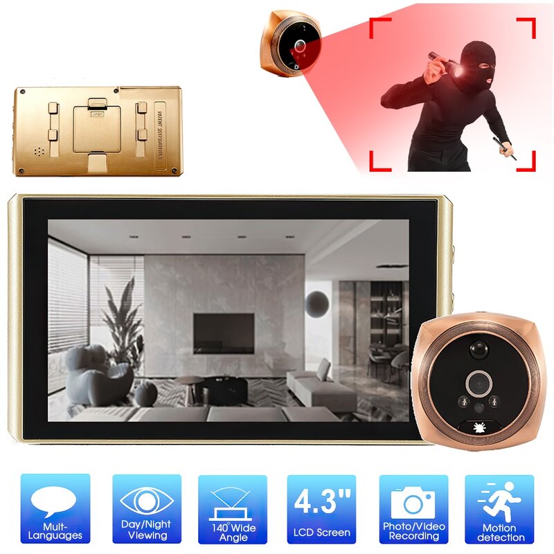 วิดีโอกล้อง HD 4.3นิ้ว Peephole ภาพวิดีโอประตู Viewer กล้องมุมกว้าง Home Doorbell Motion Detection