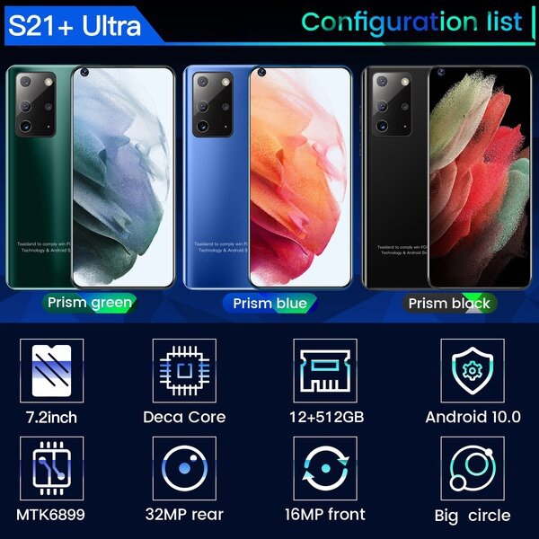 Galaxia S21 + Ultra Smartphone de 7,2 pulgadas 5800mAh desbloquear mundial Versión 4G 5G 5 Android 10,0 16MP + 32MP 12GB + 512GB Celulares Smartphone