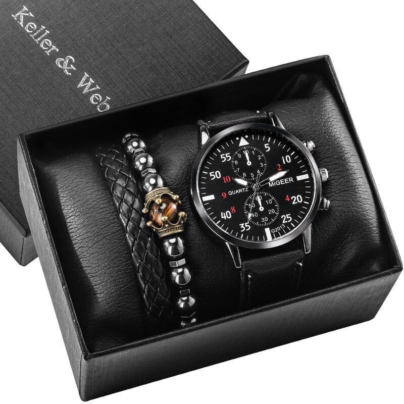 3PCS orologi da polso da uomo Set regalo braccialetto con scatola moda semplice cinturino in pelle orologio al quarzo affari regali di natale per uomo