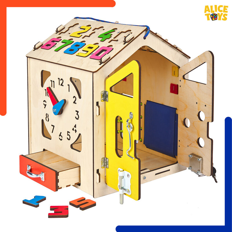 Casa de brinquedo educacional, busyboard para crianças alicetoys, modelo 2. 30x30x40 cm