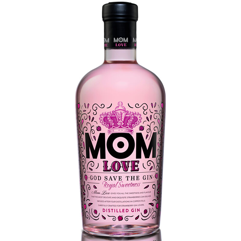 Mom Love - Gin Premium – boîte de 6 bouteilles de 700 ml, faite avec des fraises et des ingrédients botaniques exotiques