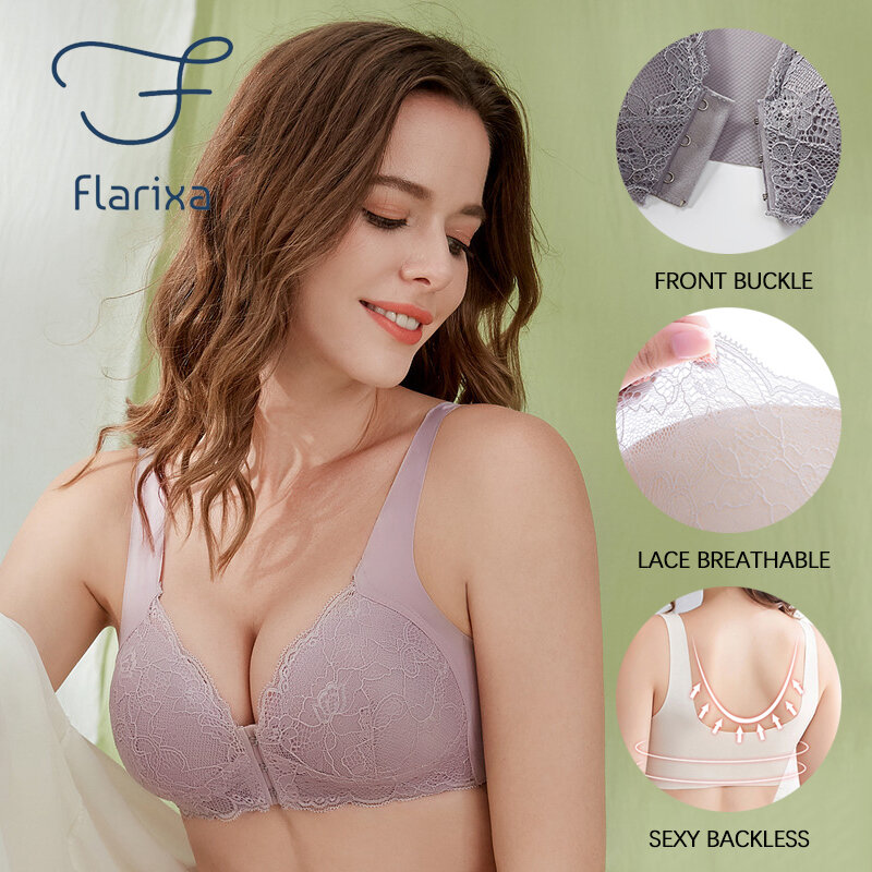 Flarixa 2PCS Sexy Front Buckle Bra Women's Lace Underwear Push Up Bras Without Bones Seamless Invisible Backless Bralette Thin