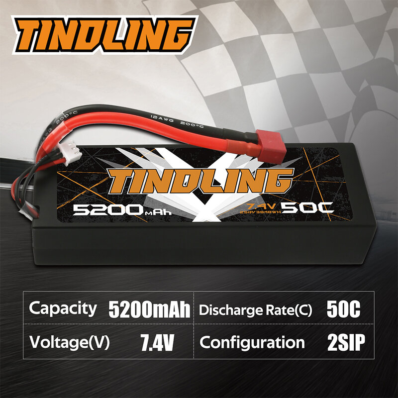 2หน่วย TINDLING แบตเตอรี่ Lipo 7.4V 50C 5200MAh 2S RC Lipo แบตเตอรี่ T Plug สำหรับรถบรรทุก RC รถเฮลิคอปเตอร์เรือ