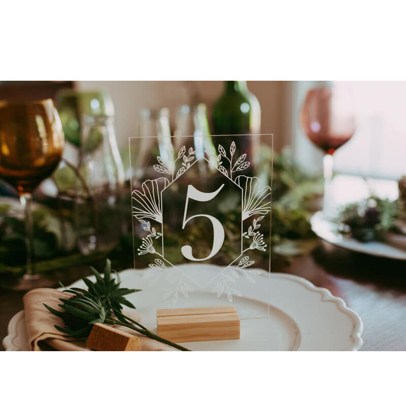 Números de mesa de caligrafía acrílica con soporte de madera, conjunto de signo de número de ducha para evento de boda, mesa de boda moderna personalizada