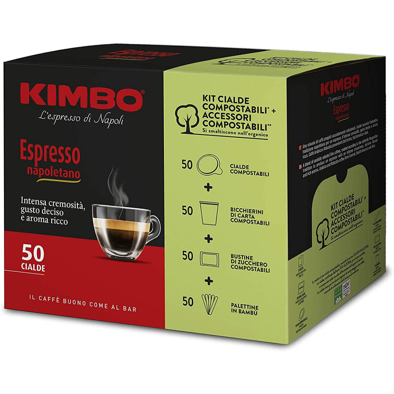 Kimbo Pods Composteerbaar Ese-Espresso Napolitaanse (5X50 Pods) + Kit Composteerbaar (Suiker Vaan Cups)