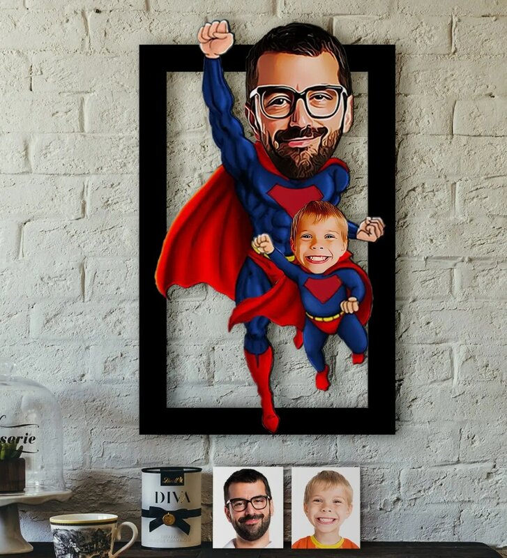 Personalized Super Dad-Kid Cartoon 3D Wooden Painting Reliable Quality Cost-Effective Gift Three Generation Can Remove Stickers