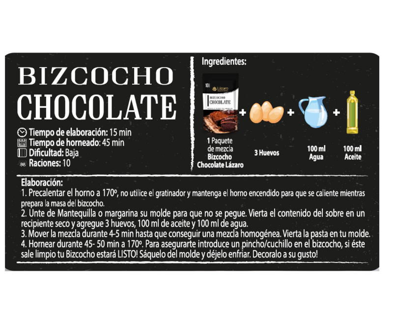 Lázaro preparado de Bizcocho de Chocolate 300g, Mezcla para elaborar Bizcochos, muffins, cupcakes, ... de chocolate.
