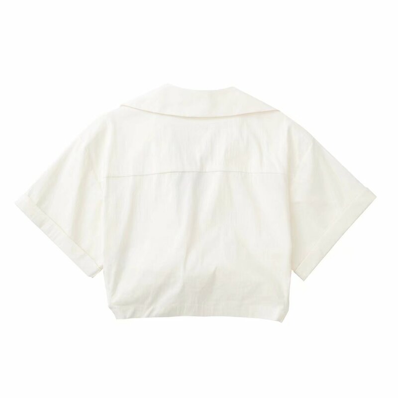 Camisa corta de manga corta para mujer, blusa ancha con cuello en V, Top elástico con textura de lino para verano, 2022