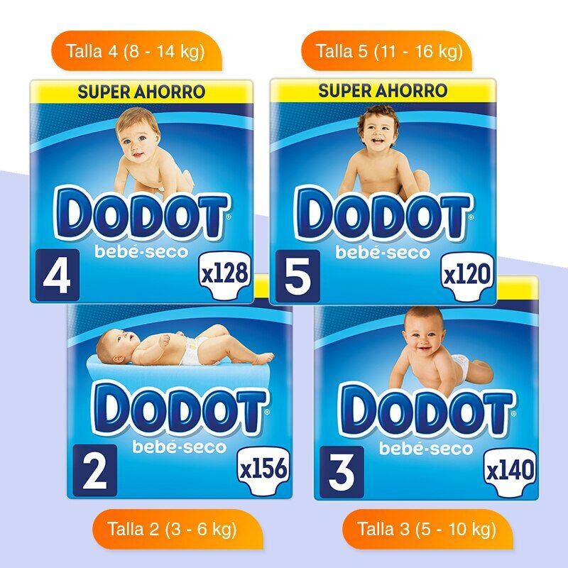 Conjunto de 2 pacotes pañales dodot bebé seco, embalagem ahorro, el único pañal con canales de aire, talla 2 (312 uds), talla 3 (272 uds), t