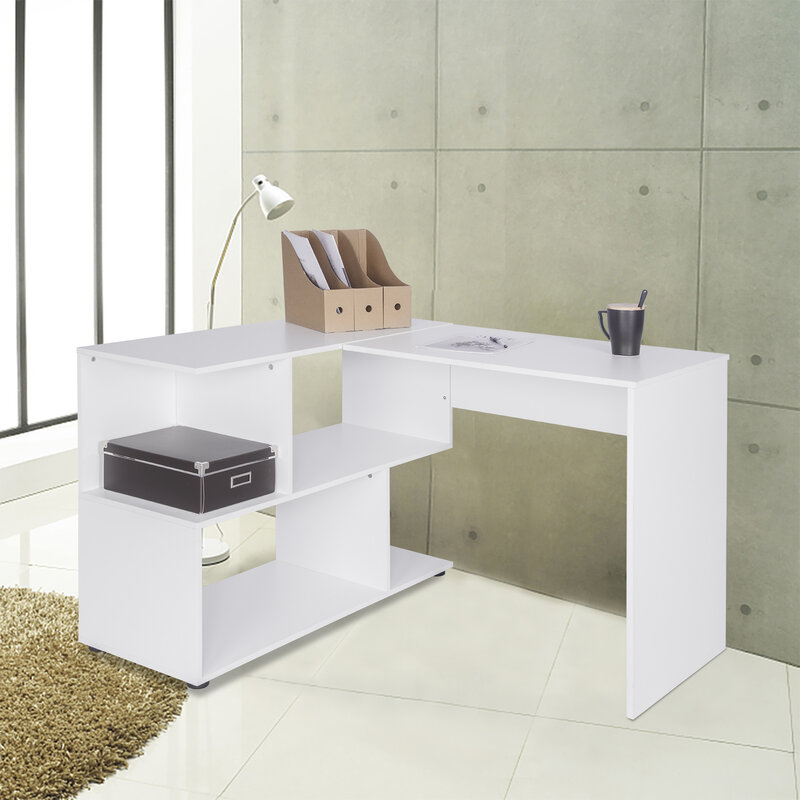 Table de bureau en panneaux d'aggloméré blanc, 120x100x77cm, Table de travail pour ordinateur avec étagères pour étudiants, mobilier de bureau à domicile