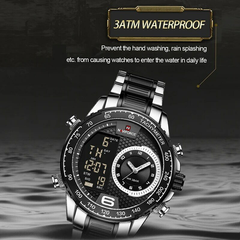 Luksusowe marki NAVIFORCE zegarki męskie wodoodporna LED tarcza z cyframi ze stali nierdzewnej kwarcowy zegarek mężczyźni Casual Relogio Masculino