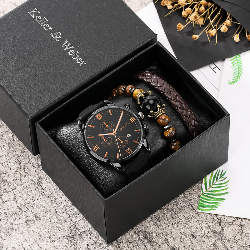 Conjunto de reloj de pulsera deportivo para hombre, pulsera de cuarzo con carcasa de aleación de cuero, a la moda, de negocios, con calendario, regalo