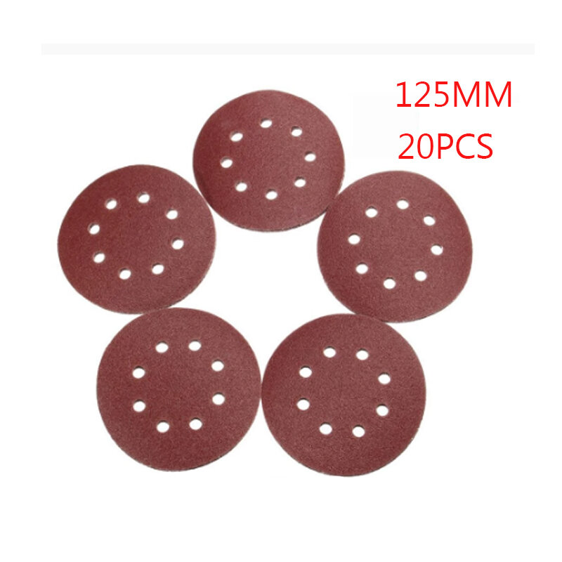 20 pçs 5 Polegada 125mm vermelho forma redonda discos de lixamento gancho loop papel folha lixa 8 buraco lixadeira polimento almofada ferramentas