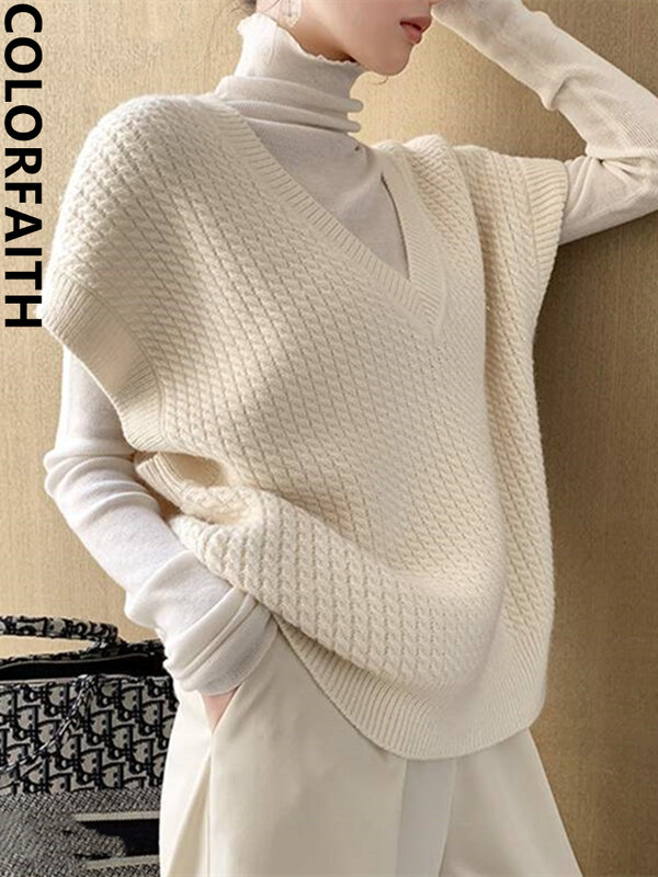 Colorfaith 2021 Baru Musim Dingin Musim Semi Wanita Sweater Pullovers Rompi Tanpa Lengan Rompi Vintage Kebesaran Liar Rajut Atasan SWV1158