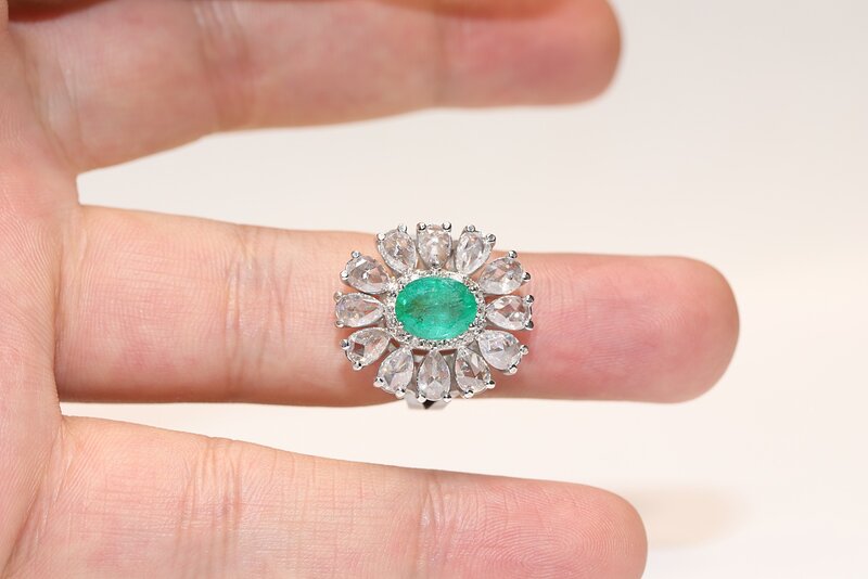 Perfekte Neue Original 14k Gold Natürliche Diamant Und Kissen Smaragd Dekoriert Ziemlich Starke Ring