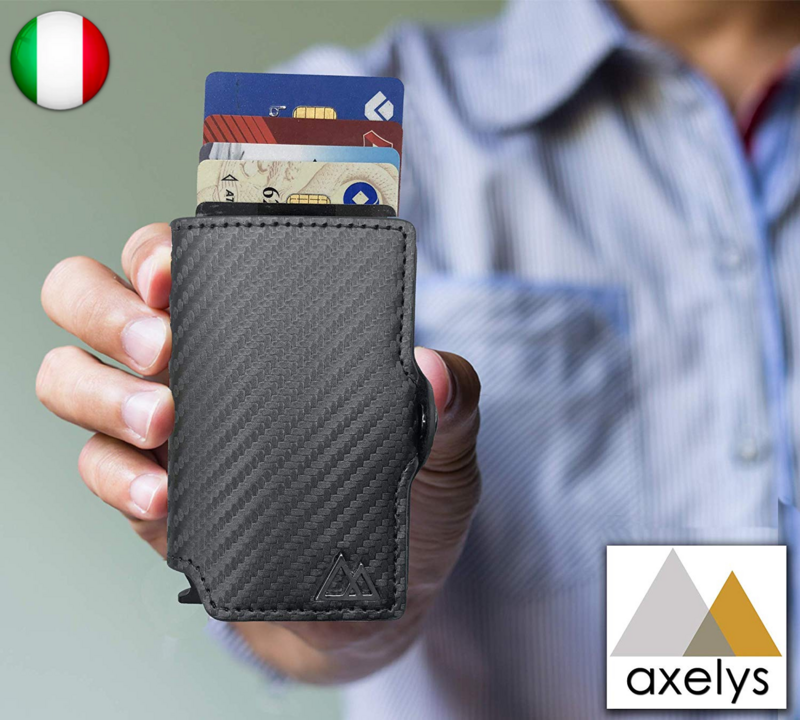 AXELYS Porta Carta di Credito RFID | Porta Banconote | Pulsante Pop-up | Slim Magic Wallet | (Nero Carbon)