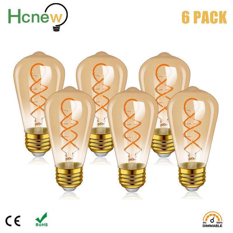 Hcnew-레트로 에디슨 LED 나선형 필라멘트 전구, ST64 앰버 유리 220V 4W 전구 빈티지 E27 촛불