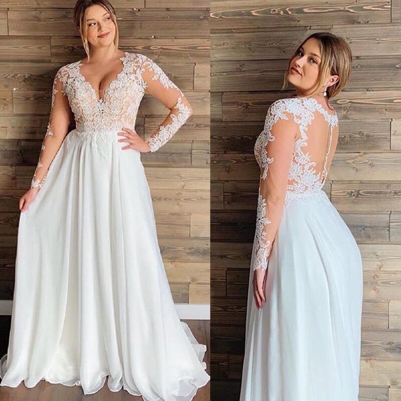 DREAM Plus Size szyfonowe suknie ślubne 2022 długie rękawy przezroczysta koronka aplikacja dekolt suknia ślubna plaża