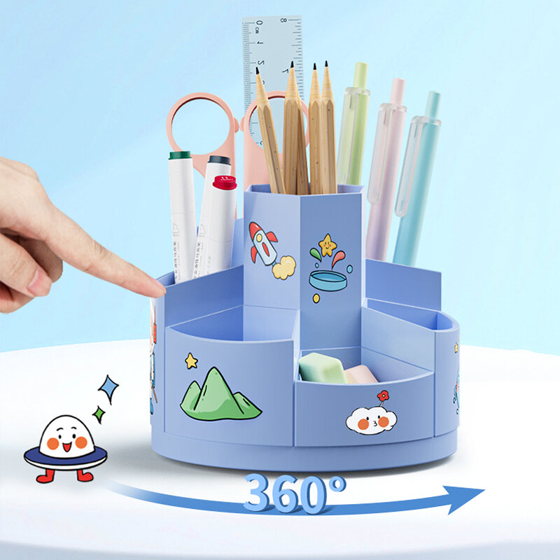 Portapenne rotante creativo cartone animato portapenne multifunzione per bambini cartoleria scatola portaoggetti grande ABS con adesivi