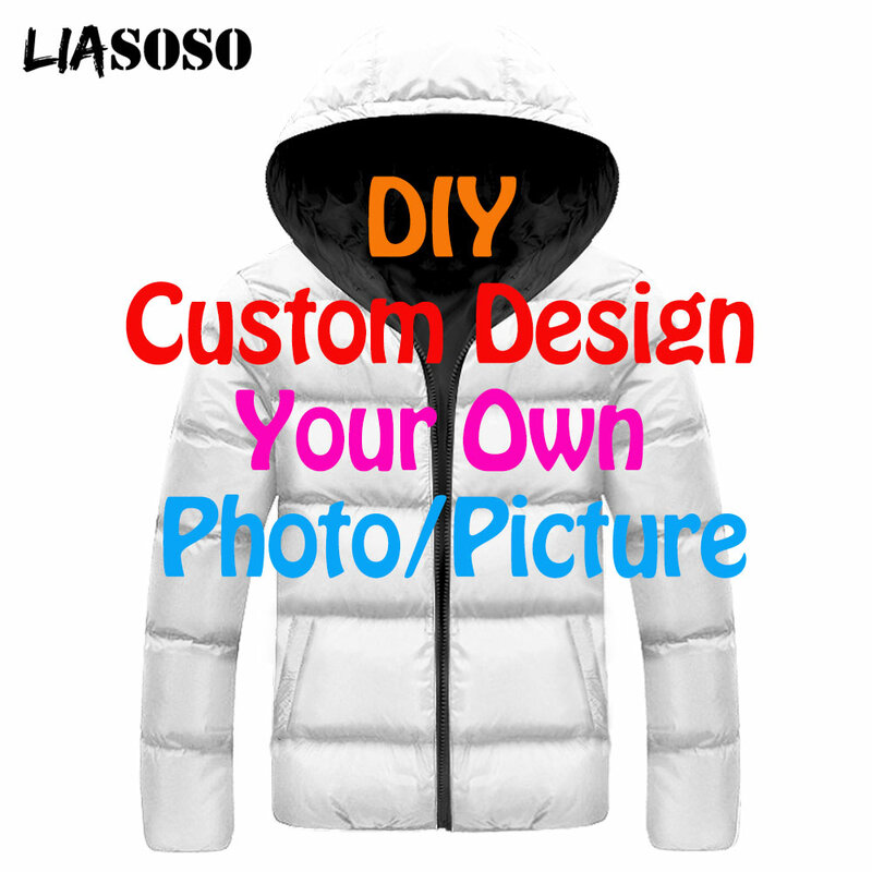 Liasoso dropship 3d impressão das mulheres dos homens diy design personalizado foto jaqueta masculina mais veludo zíper quente para baixo criança cheia casaco