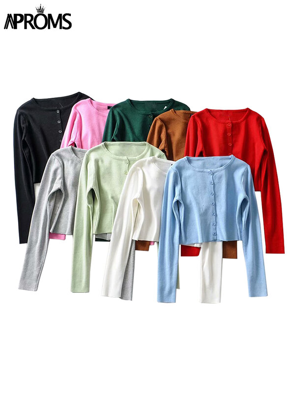 Grembiuli Cardigan lavorato a maglia a costine Color caramella donna autunno primavera manica lunga maglioni corti di base maglione corto Casual femminile Top