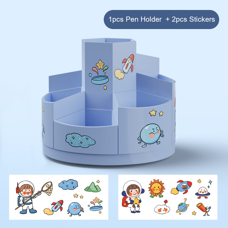 Creative Rotating Pen Holder Cartoon Children's Multi-function Pen Holder Stationery Large Storage Office Box ABS with Stickers