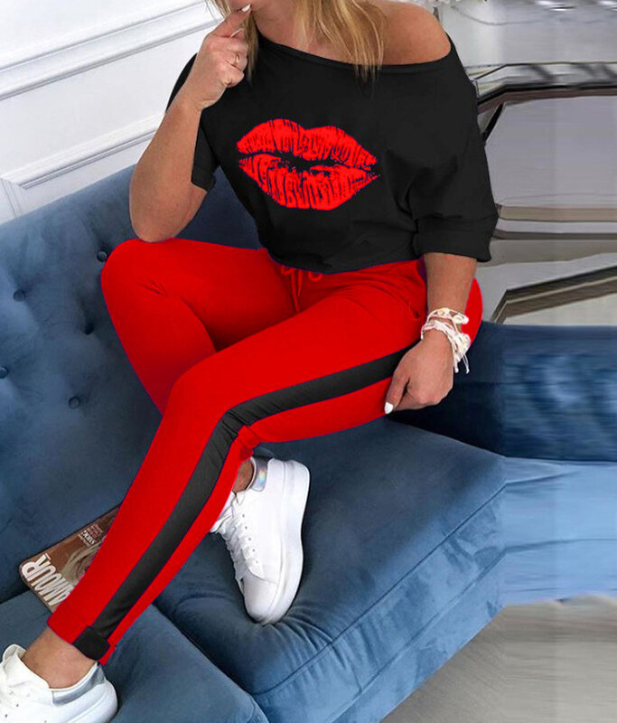 Conjunto com duas peças feminino, camiseta estampada com lábios sexy e calças compridas, roupas casuais 3xl, verão 2020