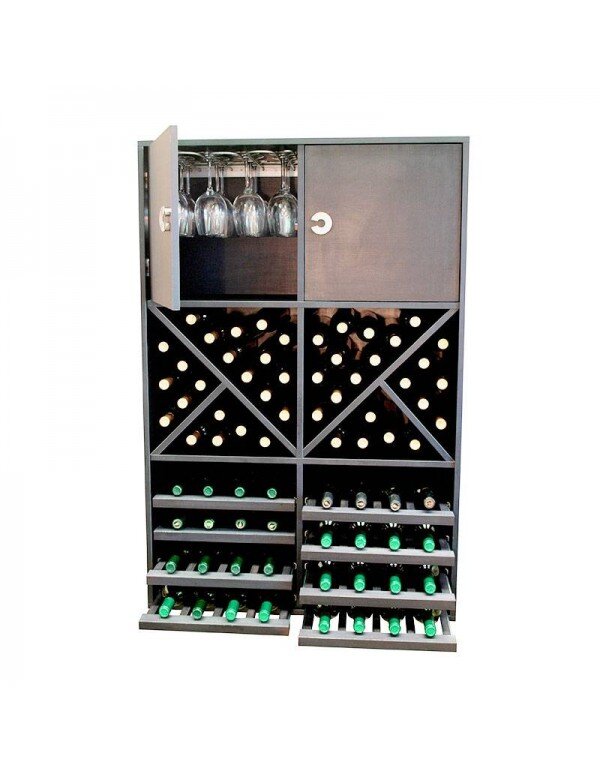 Botellero Aparador con 2 puertas y baldas en Melamina Negra para 72 Botellas y copas. Medidas: 126/84/42 cm fondo
