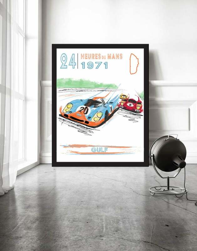 Gulf 24ชั่วโมง Le Mans 1971 Vintage Vintage Car โปสเตอร์พิมพ์ผ้าใบภาพวาดตกแต่งบ้านภาพสำหรับห้องนั่งเล่น