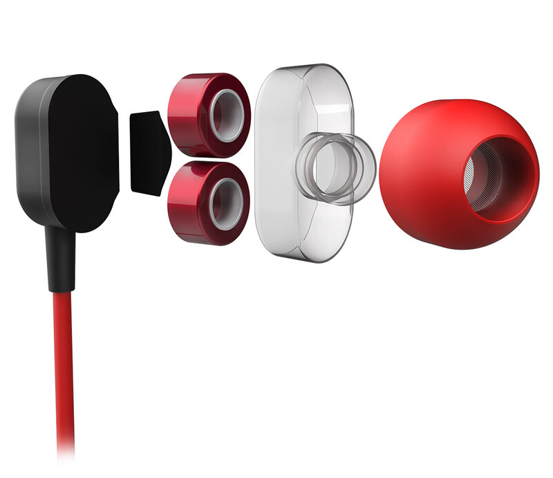 Fone de ouvido duplo do fx-gaming do ozônio com microfone da in-orelha, 3 tipos do tamanho, cabo do anti-emaranhado, controlador em linha, jack 3.5mm, vermelho e preto