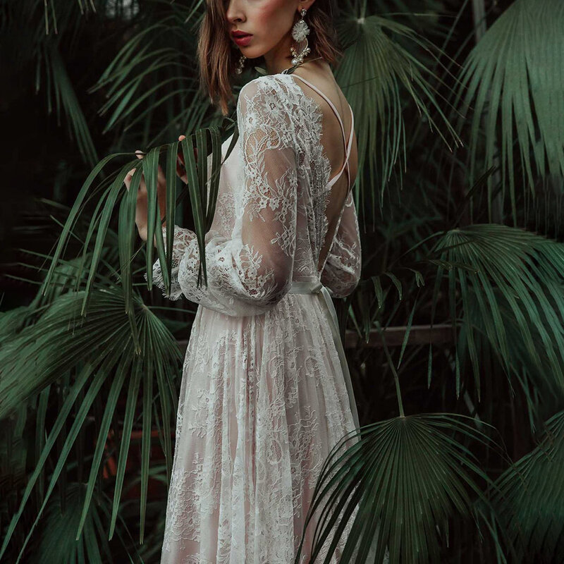 Vestido de novia bohemio con forro de encaje, de alta calidad, espalda abierta, tirantes cruzados, línea A, 2021