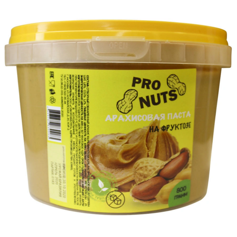 Натуральная арахисовая паста на фруктозе, PRO NUTS, 800г