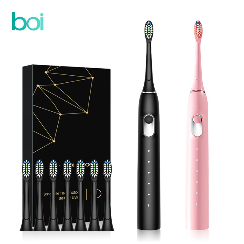 [Boi]  5 Modes Wireless Base IPX7 Waterproof Black Oral Care Sonic Electric Toothbrush Soft Bristles With Replacement Head
